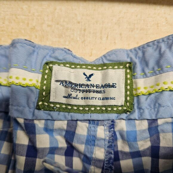 Y2K American Eagle Gingham Bermuda Shorts Size 8 Cinch Back Preppy Academia - Picture 2 of 9